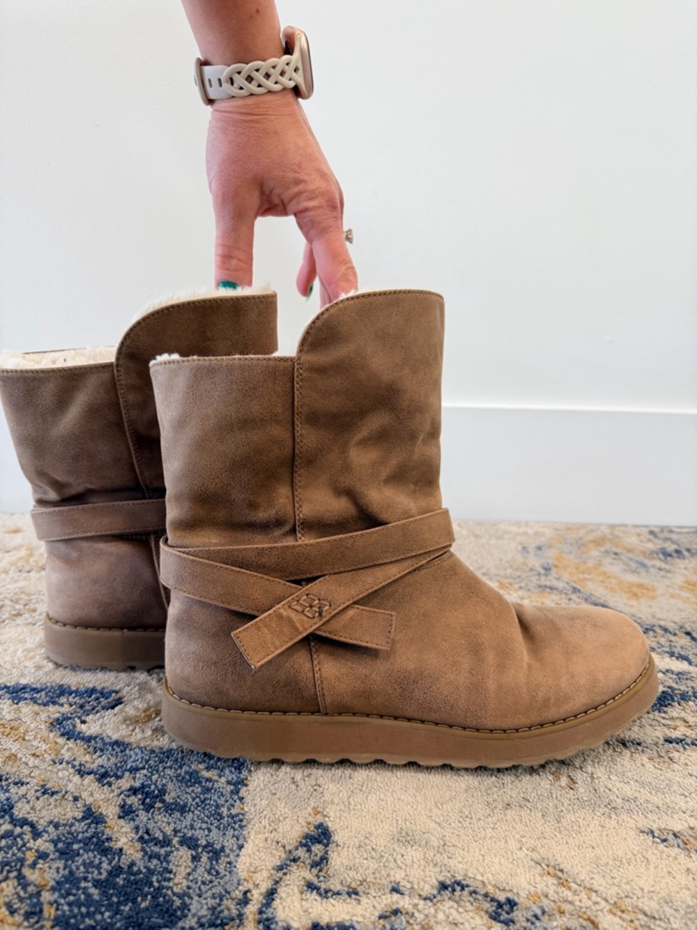 Skechers Brown Suede-Look Cozy Ankle Booties with Wrap Detail